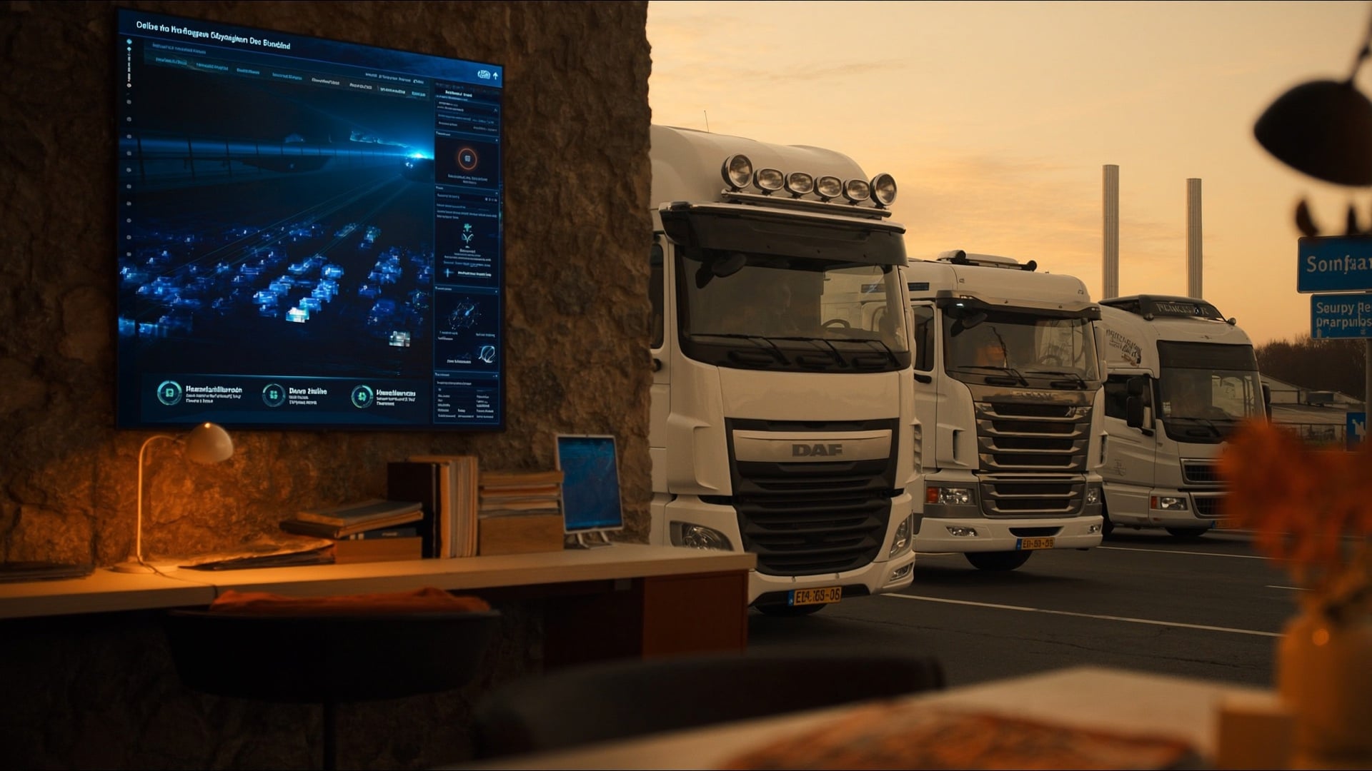 Carrier dispatch operations room with fleet tracking monitors and trucks visible through windows