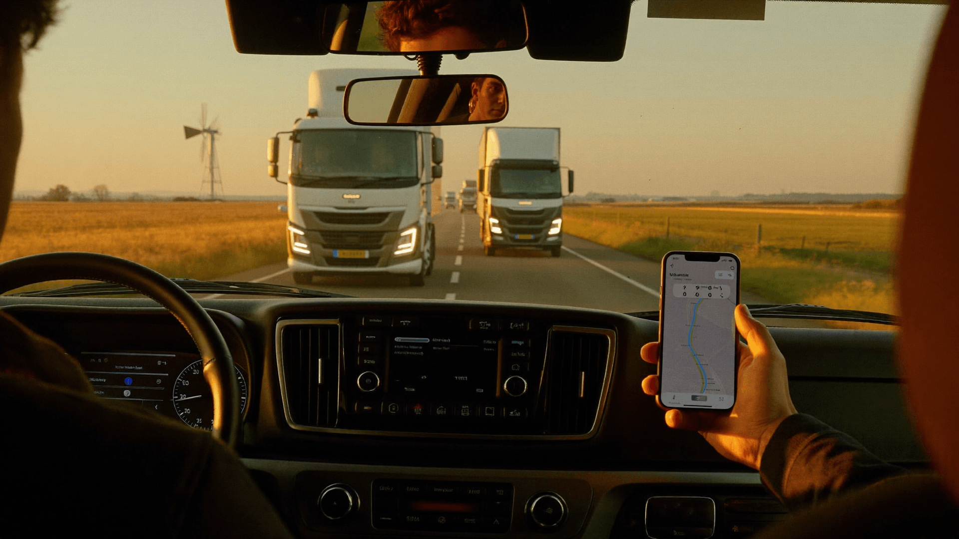 A truck driver in the cab glancing at their phone, confirming a load with one tap