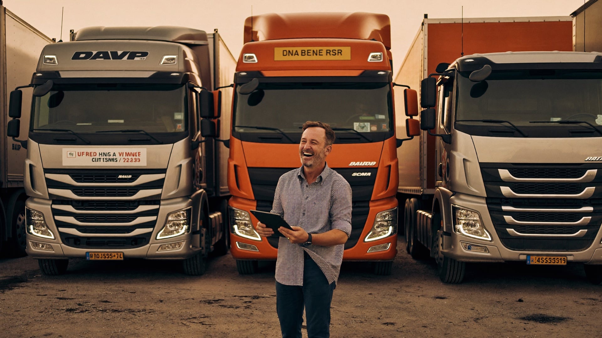 A fleet owner in the yard at dawn, calm, checking per-truck cost on a tablet