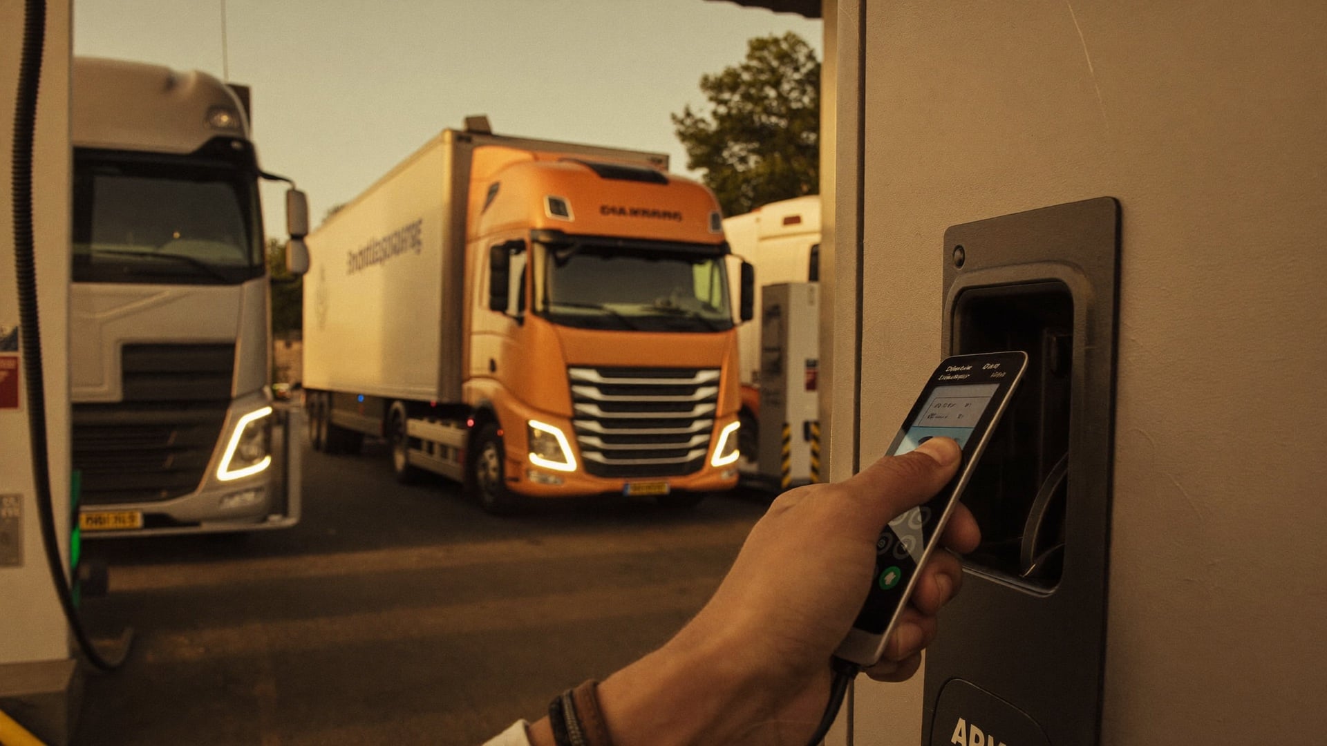A driver pays with a fuel card at a motorway fuel station