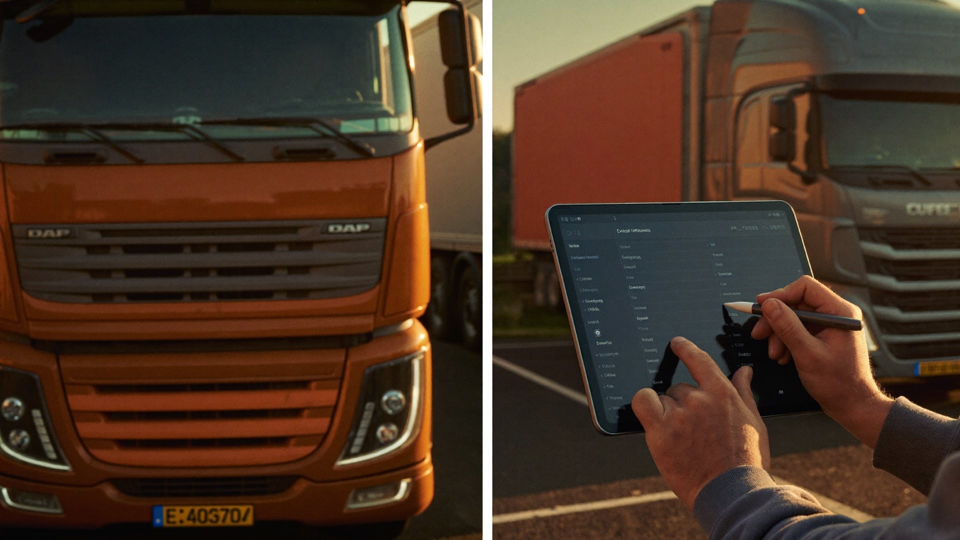 A mechanic's hands completing a walkaround inspection before a pre-trip