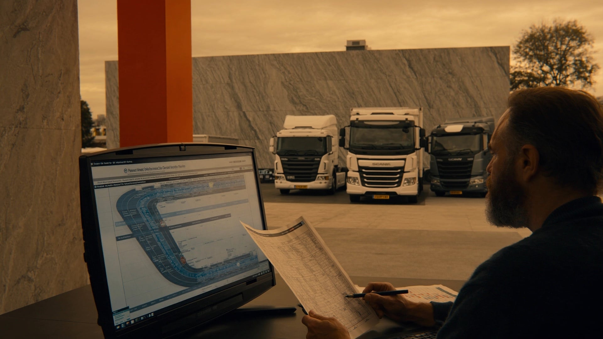 Owner-dispatcher reviewing lane profitability report on a tablet, identifying which lanes are losing money