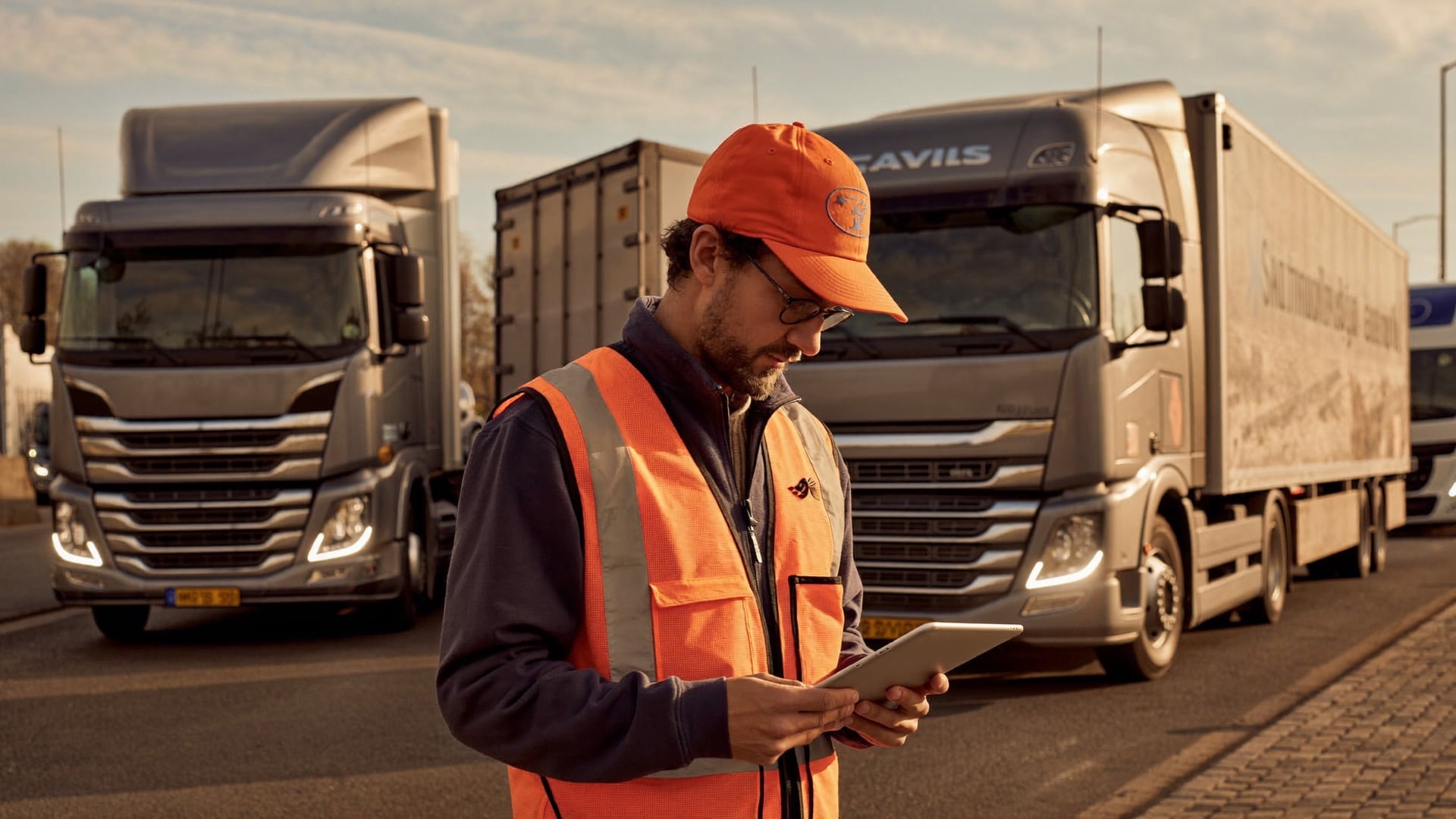 An owner-operator checks his settlement on his phone at a truck stop