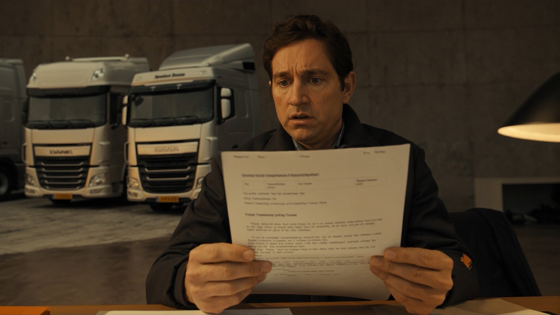 A driver reviews an enforcement notice in the cab late at night