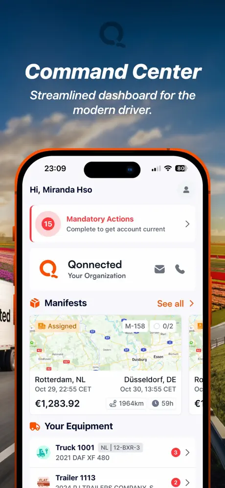 QTMS Driver command center screen: mandatory actions, assigned manifests, and equipment