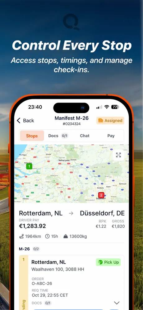 QTMS Driver stop control screen: manifest stops, timings, and check-ins along the route