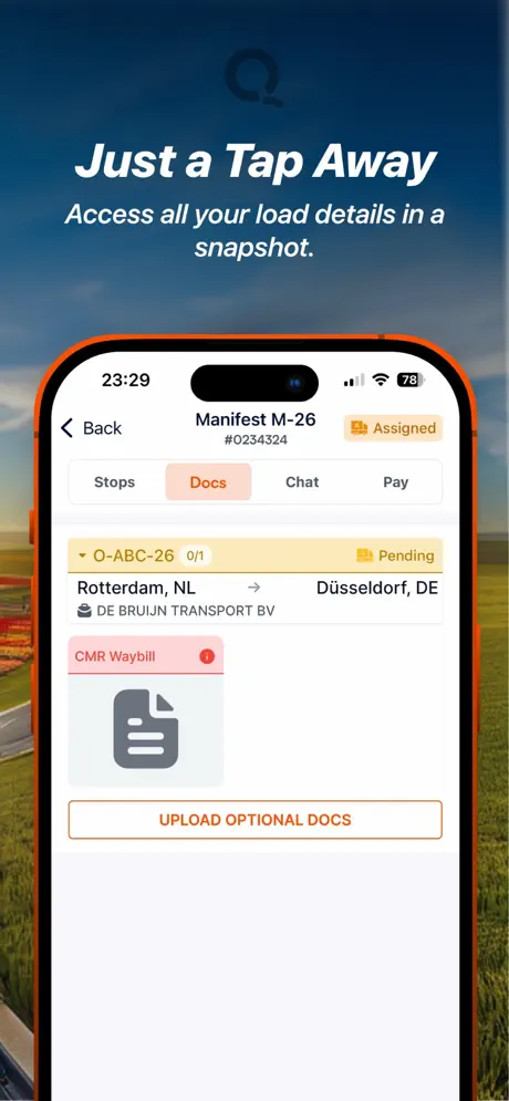 QTMS Driver load details screen: order documents and the CMR waybill in one view