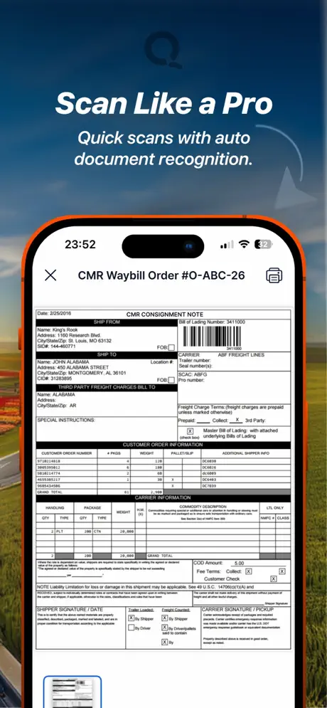 QTMS Driver document scan screen: automatic CMR document recognition