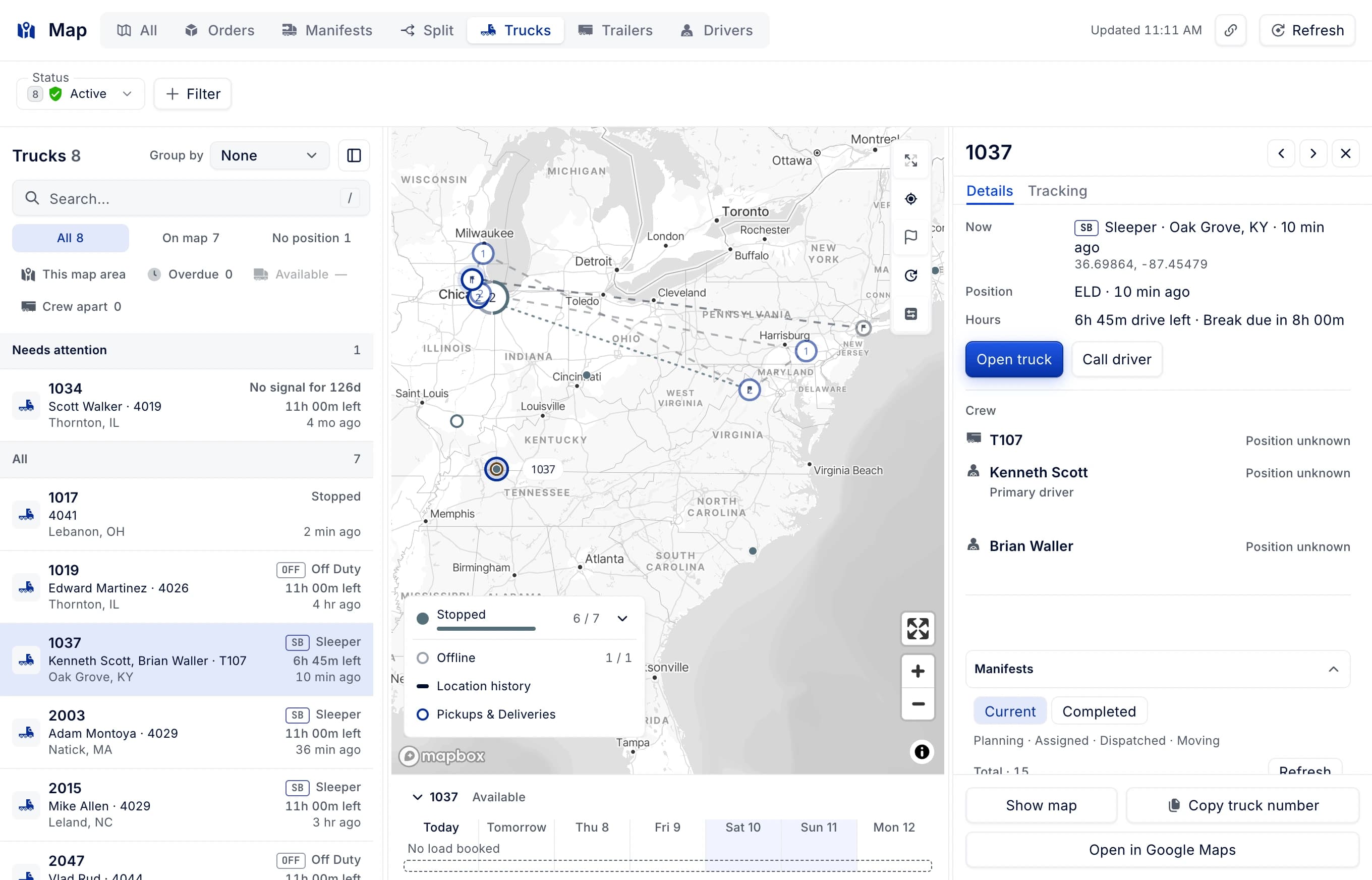 Map, rebuilt: what needs you, where loads stand and where trucks have been
