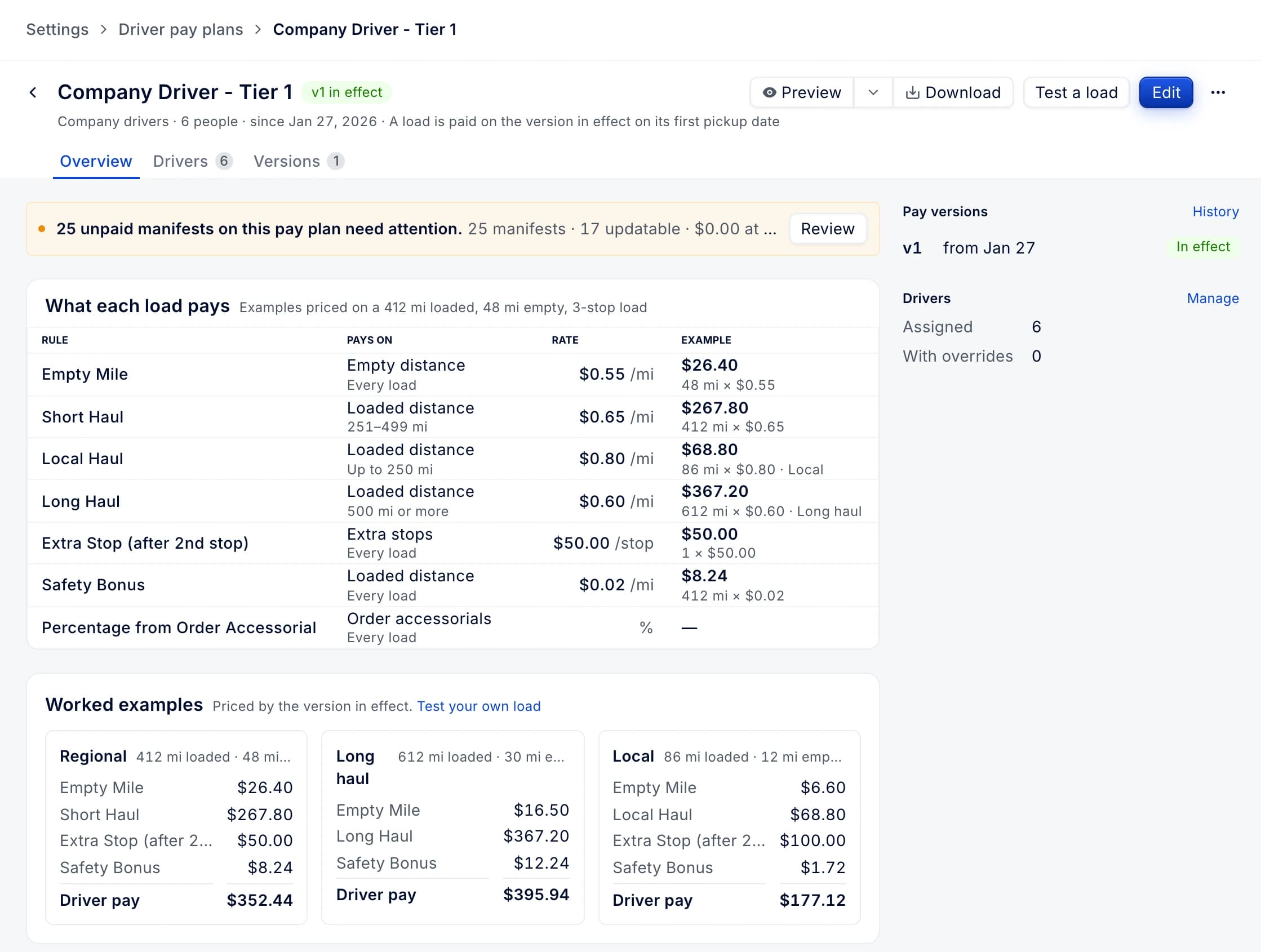 Driver pay plans: see what every rule pays, and test it before you publish