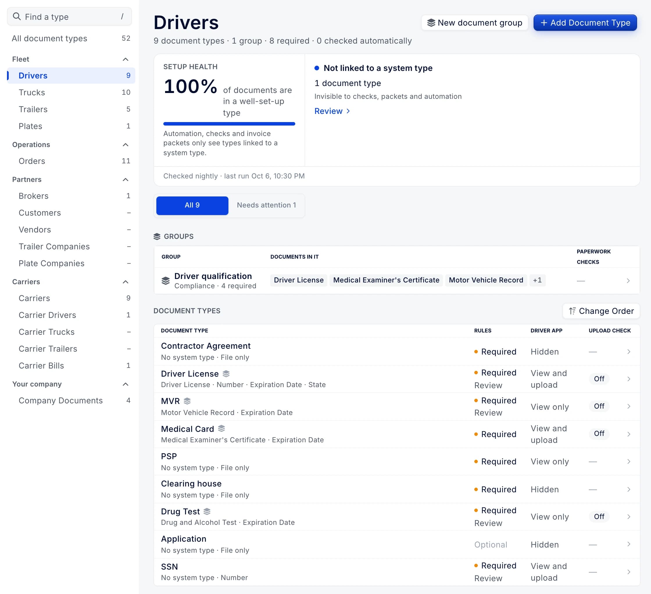 Document Types: one page per record, and a setup check every night