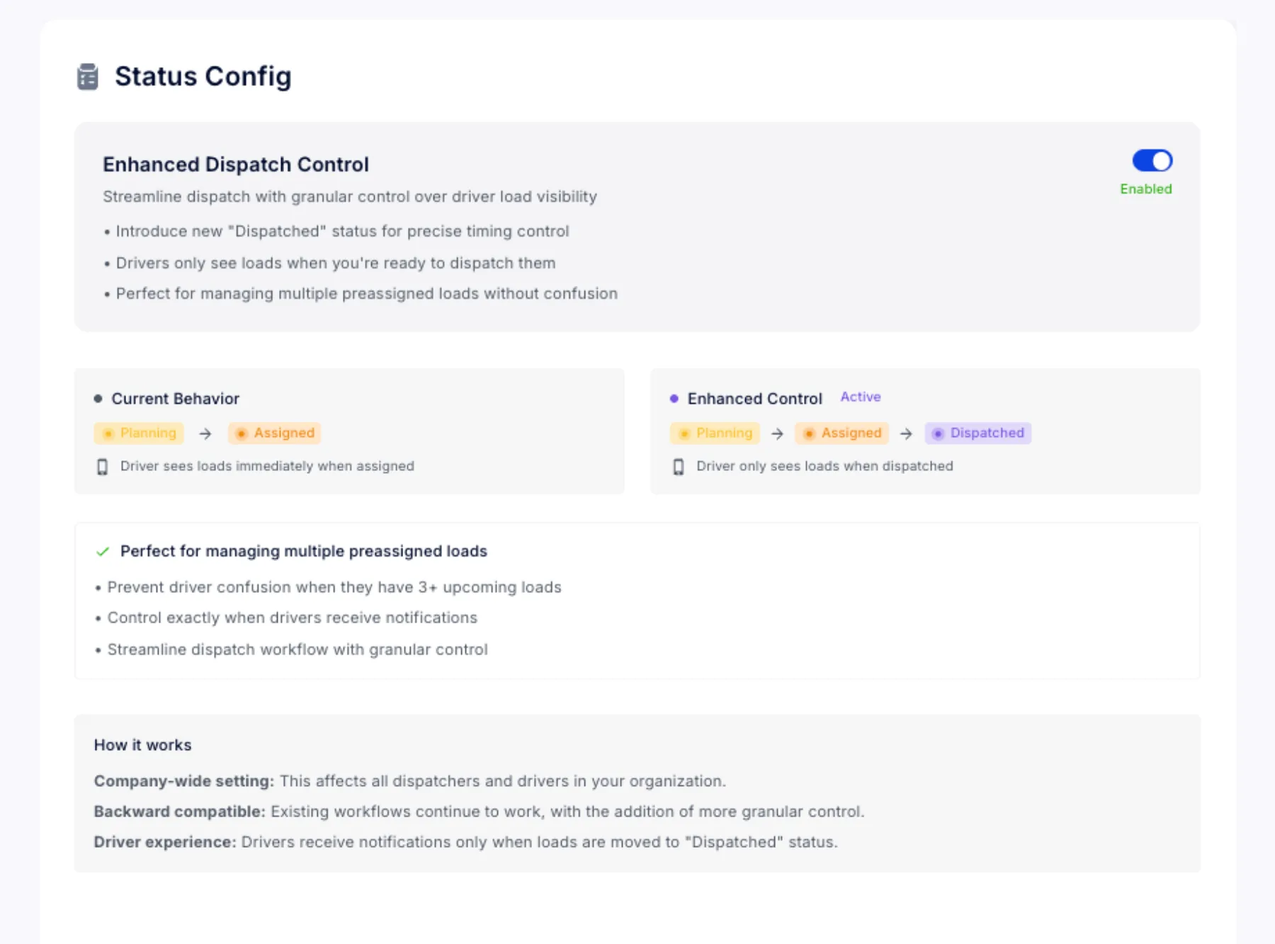 Driver View Control - Hold Preassigned Loads Until You’re Ready to Dispatch