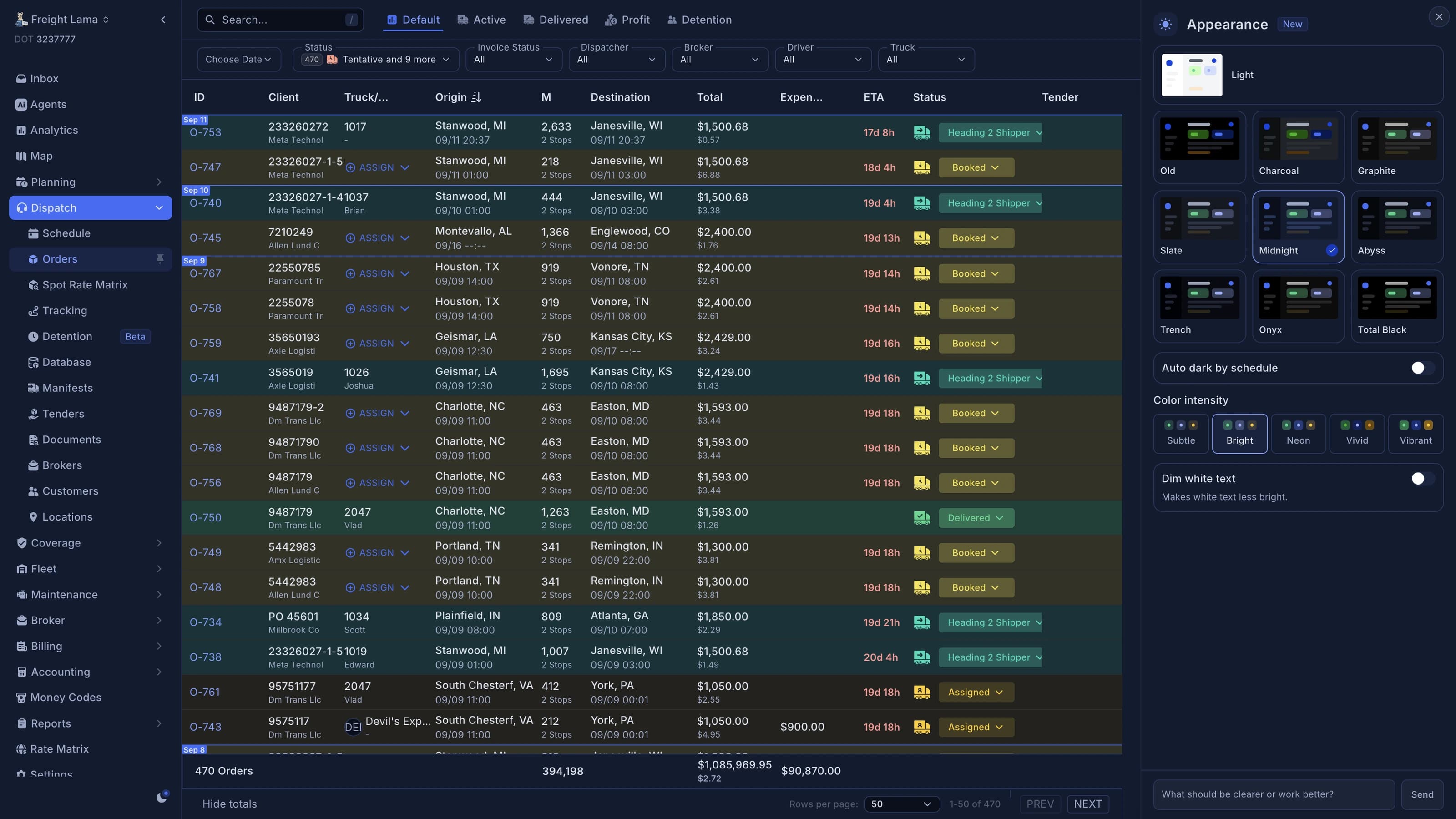 Appearance: choose a dark theme, schedule it and tune the colors