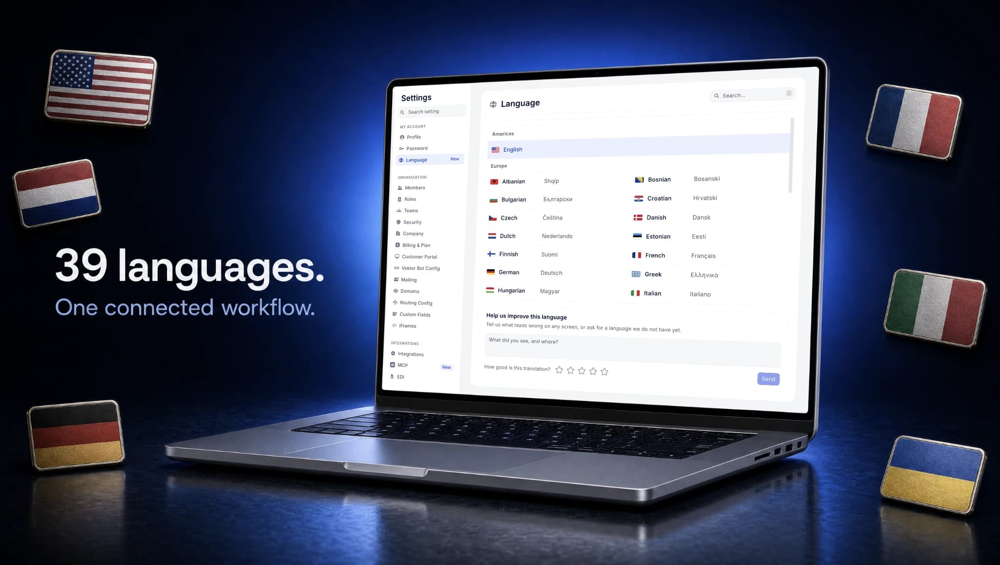 The dashboard speaks 39 languages